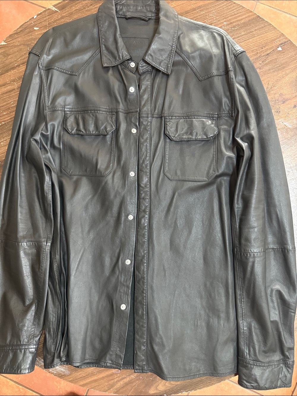 All Saints Men's Black Leather Button-Up Jacket
